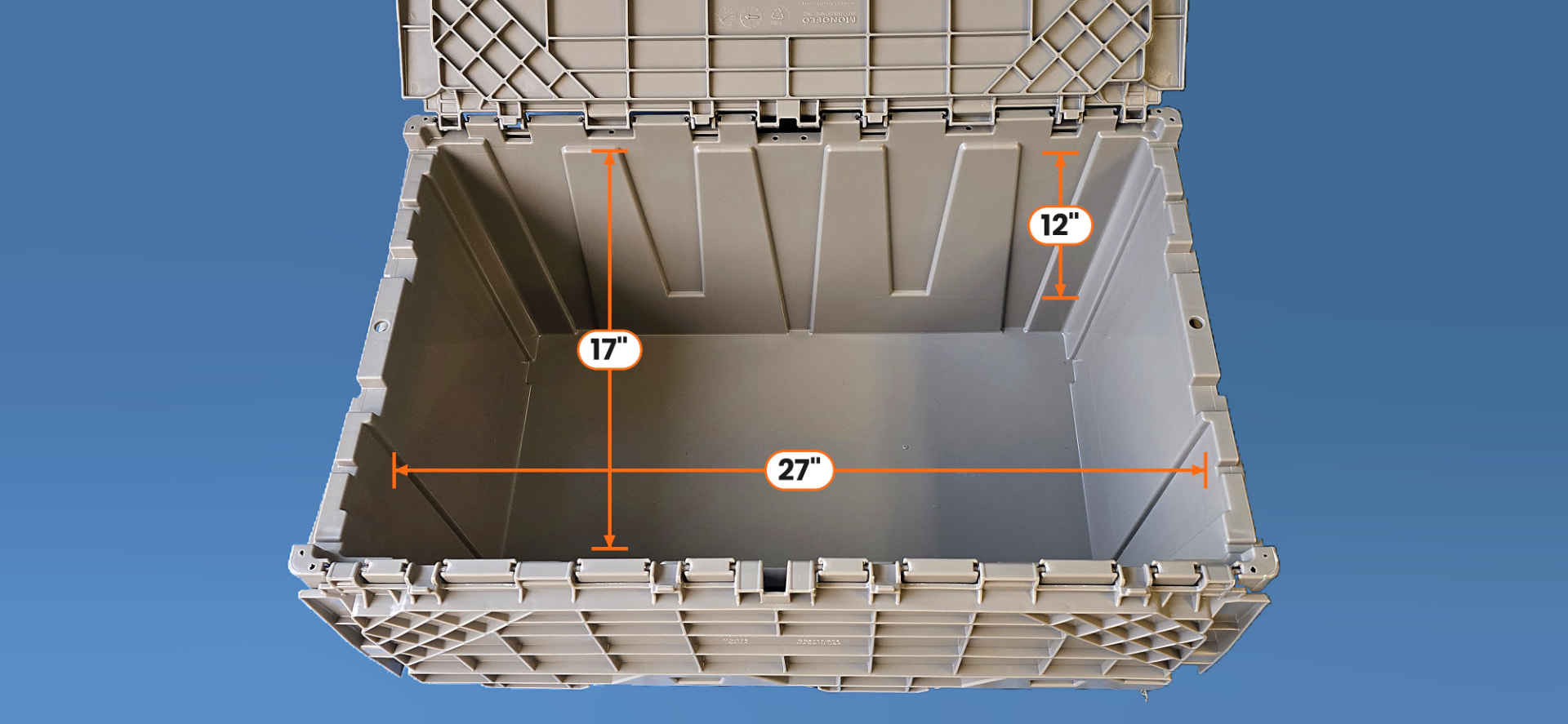 Open BoxTote moving tote showing interior dimensions of 27 by 17 by 12 inches
