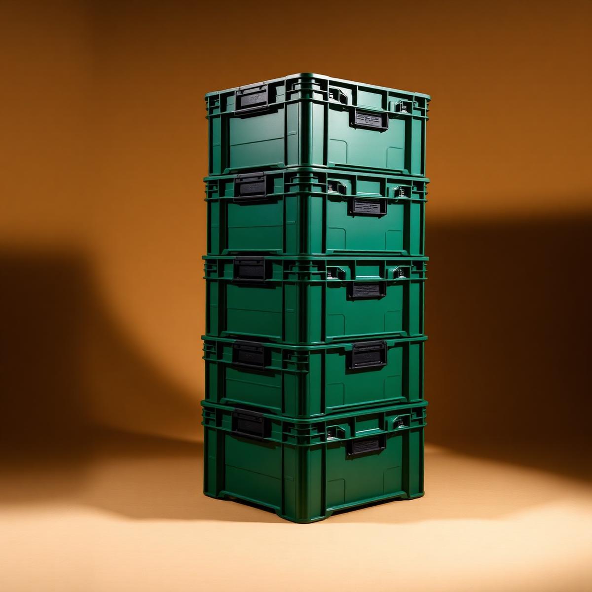 Stack of forest green industrial plastic moving crates